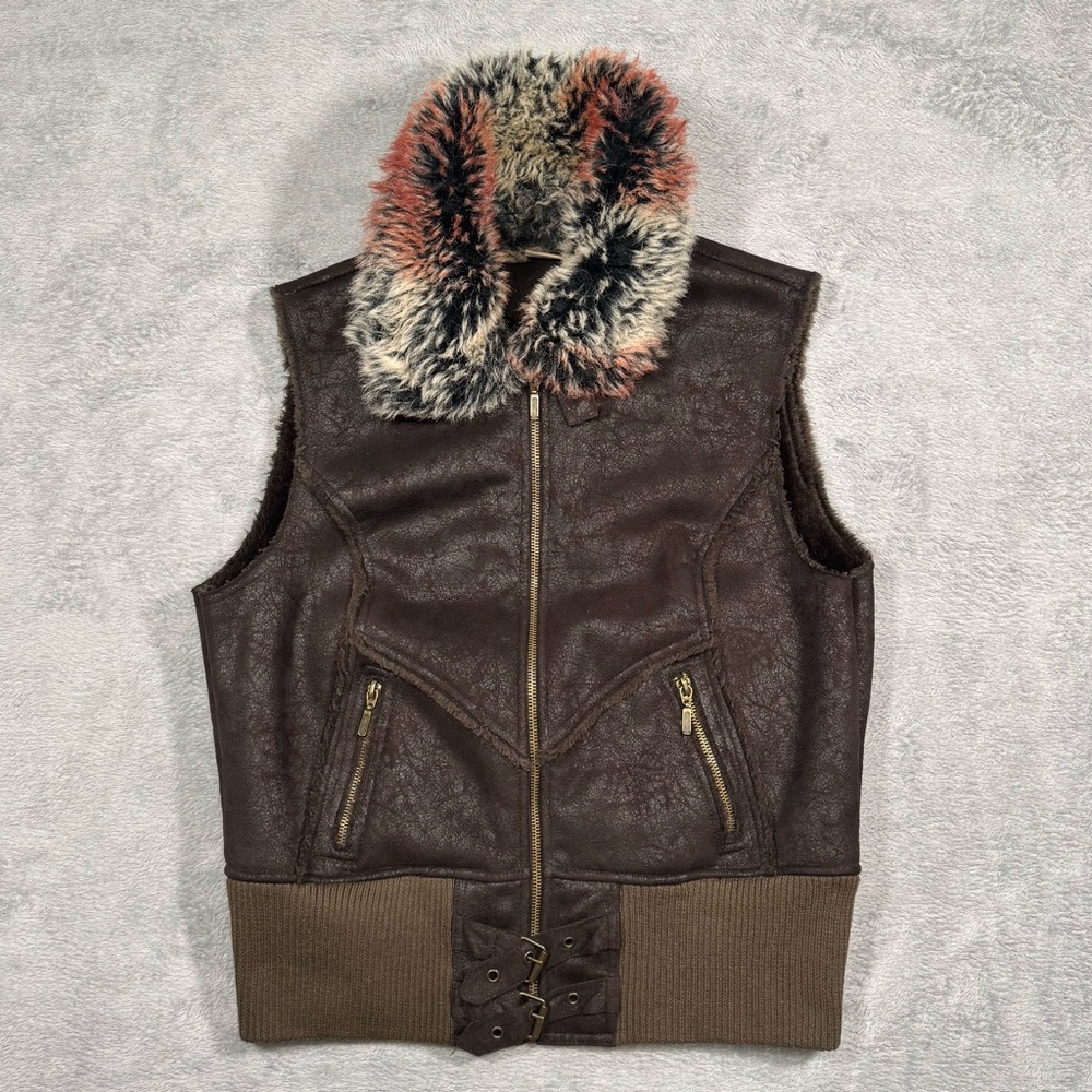 Brown Faux Leather Shearling Vest Women 16 Fur Collar Boho Grunge Goth Alt Cyber